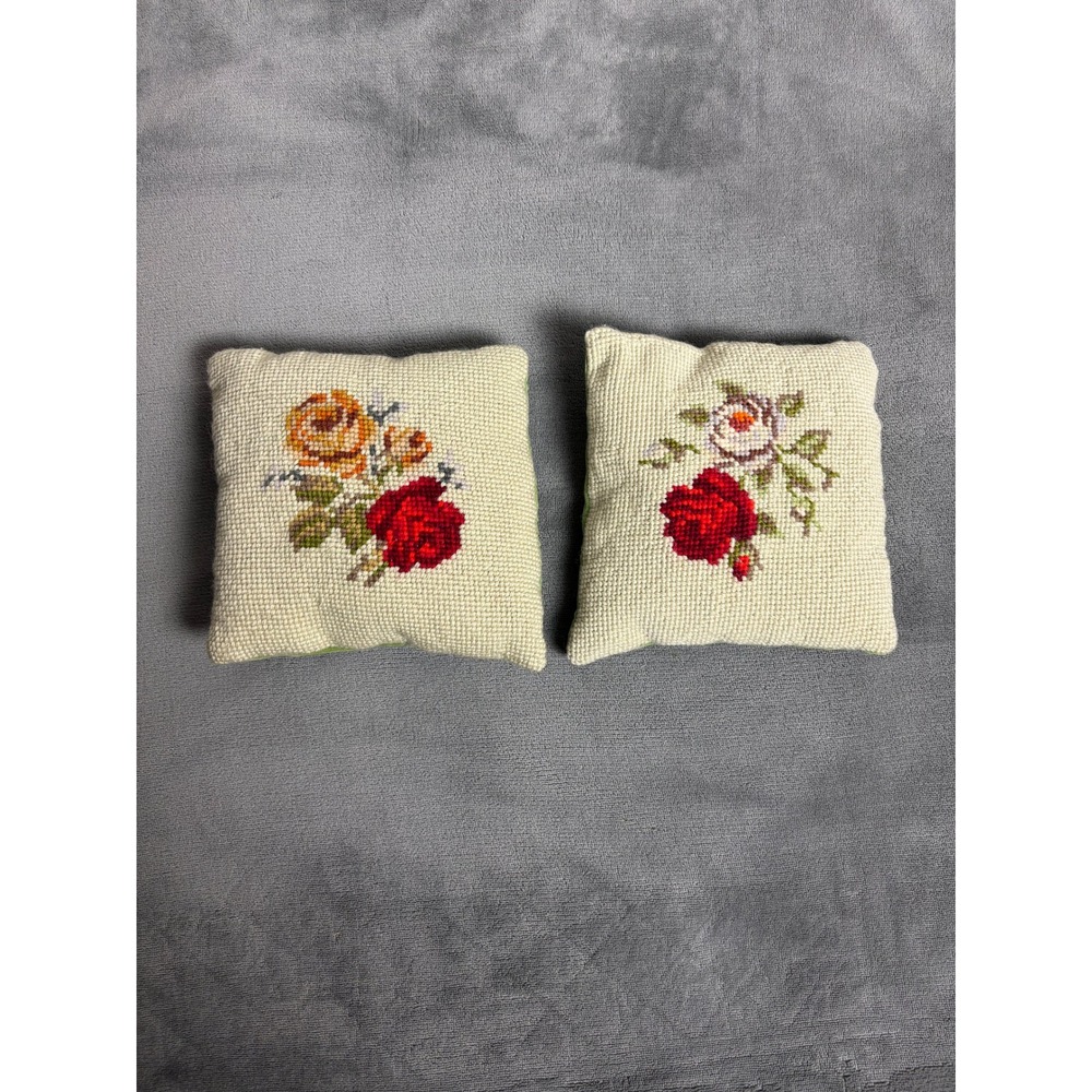 Vintage Needlepoint Rose Pillows Pair Floral Velvet Back Cottagecore Grannycore